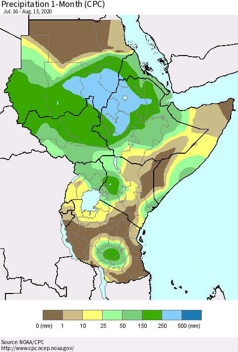 Eastern Africa Precipitation 1-Month (CPC) Thematic Map For 7/16/2020 - 8/15/2020