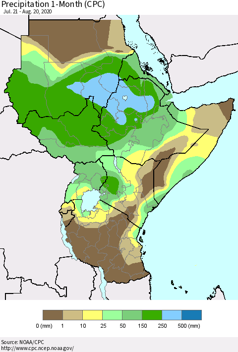 Eastern Africa Precipitation 1-Month (CPC) Thematic Map For 7/21/2020 - 8/20/2020