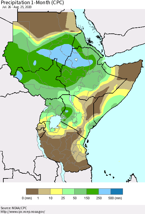 Eastern Africa Precipitation 1-Month (CPC) Thematic Map For 7/26/2020 - 8/25/2020