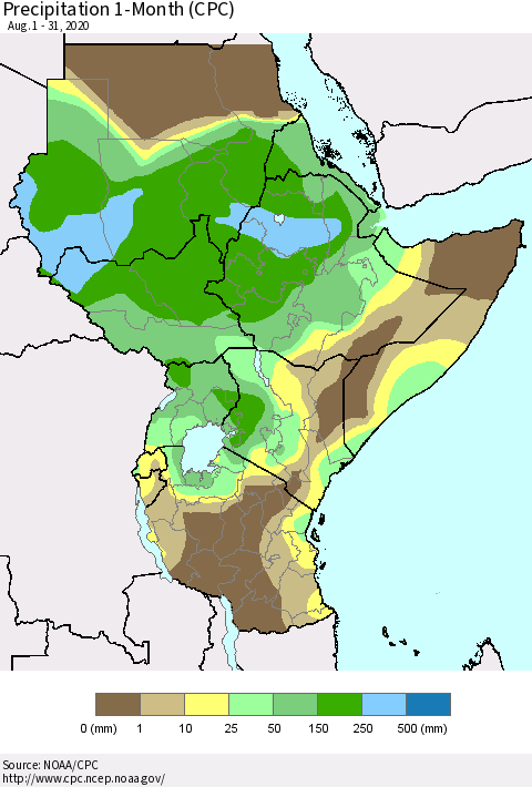 Eastern Africa Precipitation 1-Month (CPC) Thematic Map For 8/1/2020 - 8/31/2020