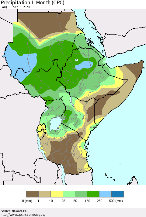 Eastern Africa Precipitation 1-Month (CPC) Thematic Map For 8/6/2020 - 9/5/2020
