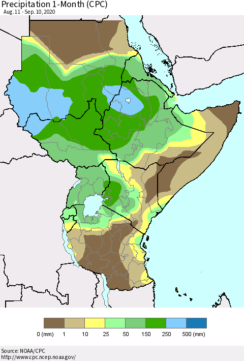 Eastern Africa Precipitation 1-Month (CPC) Thematic Map For 8/11/2020 - 9/10/2020