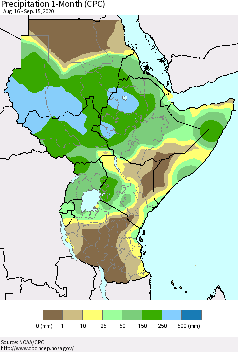 Eastern Africa Precipitation 1-Month (CPC) Thematic Map For 8/16/2020 - 9/15/2020