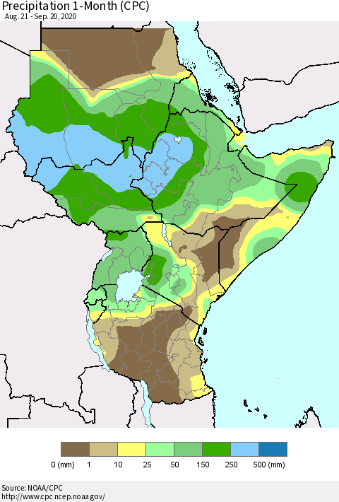 Eastern Africa Precipitation 1-Month (CPC) Thematic Map For 8/21/2020 - 9/20/2020