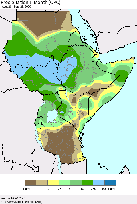 Eastern Africa Precipitation 1-Month (CPC) Thematic Map For 8/26/2020 - 9/25/2020