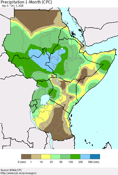 Eastern Africa Precipitation 1-Month (CPC) Thematic Map For 9/6/2020 - 10/5/2020