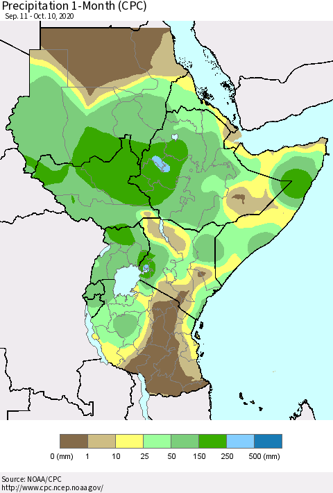 Eastern Africa Precipitation 1-Month (CPC) Thematic Map For 9/11/2020 - 10/10/2020