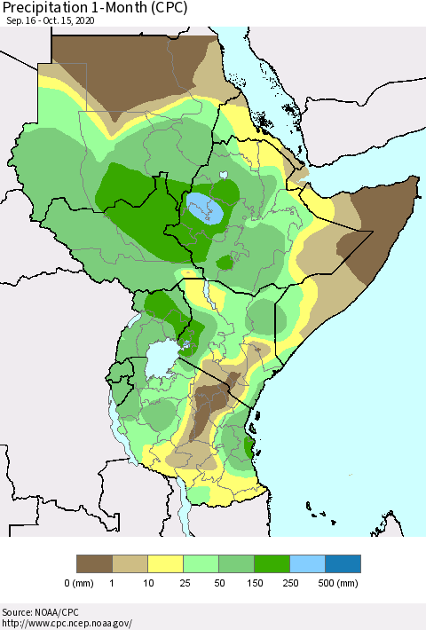Eastern Africa Precipitation 1-Month (CPC) Thematic Map For 9/16/2020 - 10/15/2020