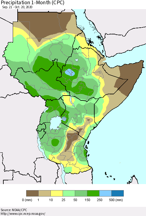 Eastern Africa Precipitation 1-Month (CPC) Thematic Map For 9/21/2020 - 10/20/2020