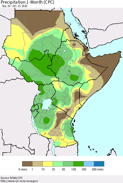 Eastern Africa Precipitation 1-Month (CPC) Thematic Map For 9/26/2020 - 10/25/2020