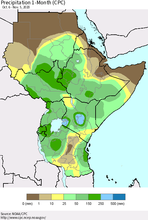 Eastern Africa Precipitation 1-Month (CPC) Thematic Map For 10/6/2020 - 11/5/2020