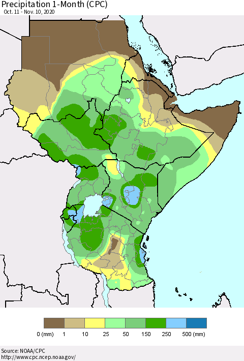 Eastern Africa Precipitation 1-Month (CPC) Thematic Map For 10/11/2020 - 11/10/2020