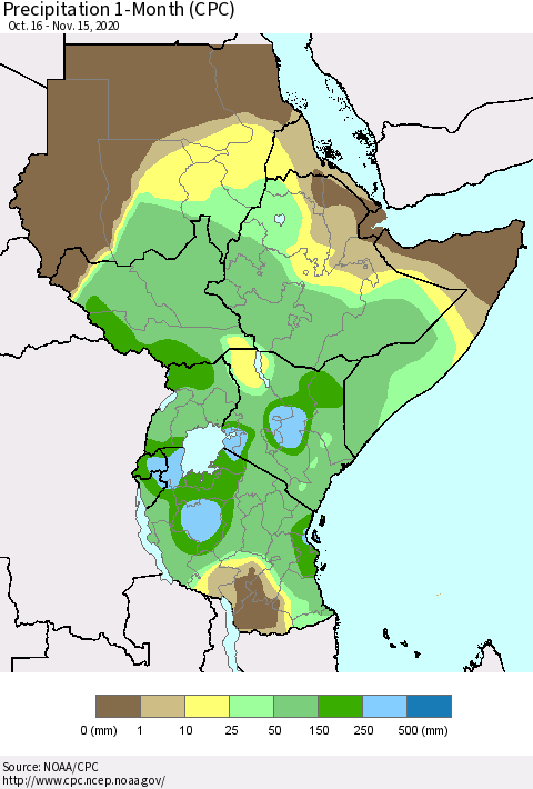 Eastern Africa Precipitation 1-Month (CPC) Thematic Map For 10/16/2020 - 11/15/2020