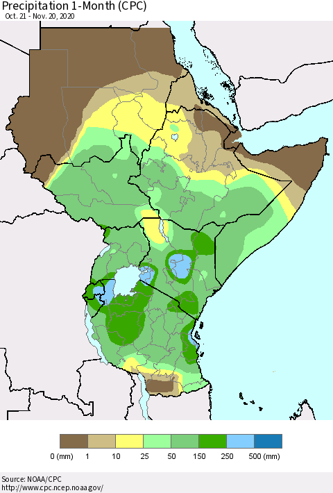 Eastern Africa Precipitation 1-Month (CPC) Thematic Map For 10/21/2020 - 11/20/2020