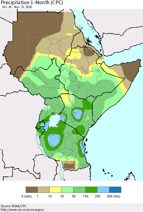 Eastern Africa Precipitation 1-Month (CPC) Thematic Map For 10/26/2020 - 11/25/2020