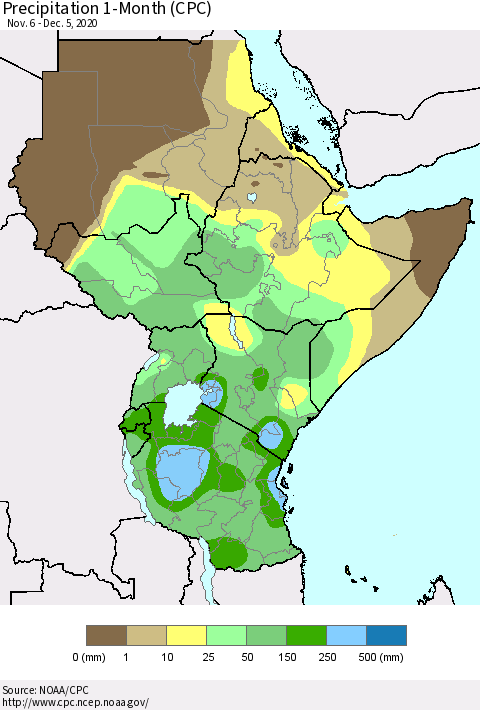 Eastern Africa Precipitation 1-Month (CPC) Thematic Map For 11/6/2020 - 12/5/2020