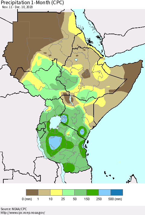 Eastern Africa Precipitation 1-Month (CPC) Thematic Map For 11/11/2020 - 12/10/2020