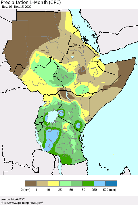 Eastern Africa Precipitation 1-Month (CPC) Thematic Map For 11/16/2020 - 12/15/2020