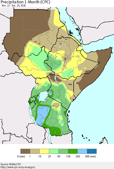 Eastern Africa Precipitation 1-Month (CPC) Thematic Map For 11/21/2020 - 12/20/2020
