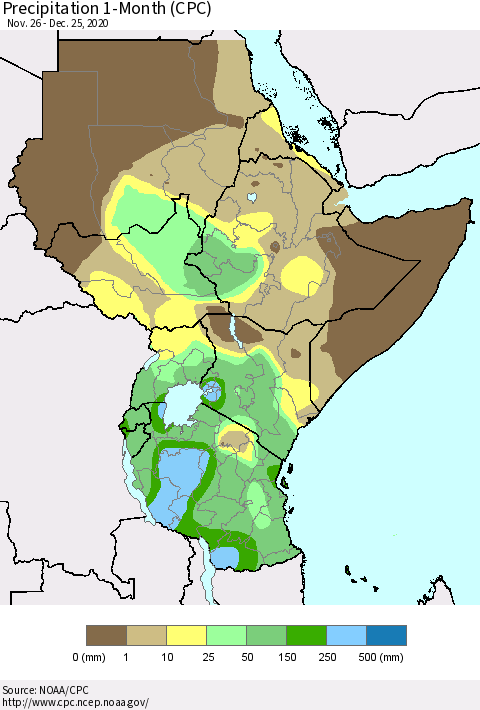 Eastern Africa Precipitation 1-Month (CPC) Thematic Map For 11/26/2020 - 12/25/2020