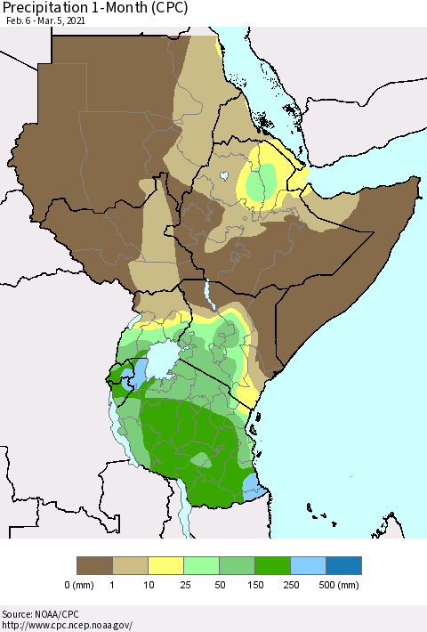 Eastern Africa Precipitation 1-Month (CPC) Thematic Map For 2/6/2021 - 3/5/2021