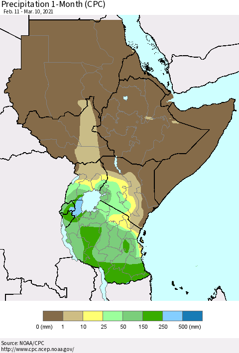 Eastern Africa Precipitation 1-Month (CPC) Thematic Map For 2/11/2021 - 3/10/2021