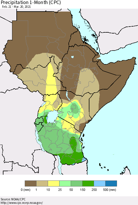 Eastern Africa Precipitation 1-Month (CPC) Thematic Map For 2/21/2021 - 3/20/2021