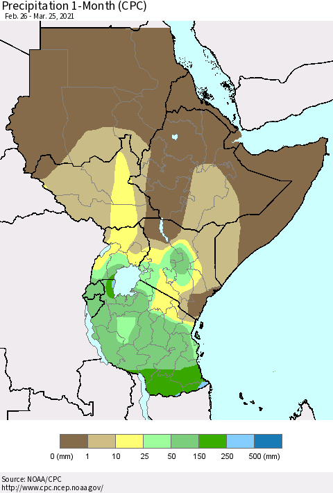 Eastern Africa Precipitation 1-Month (CPC) Thematic Map For 2/26/2021 - 3/25/2021
