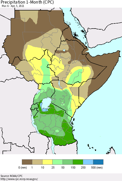 Eastern Africa Precipitation 1-Month (CPC) Thematic Map For 3/6/2021 - 4/5/2021