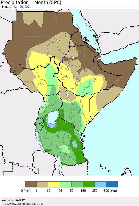 Eastern Africa Precipitation 1-Month (CPC) Thematic Map For 3/11/2021 - 4/10/2021
