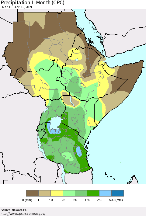Eastern Africa Precipitation 1-Month (CPC) Thematic Map For 3/16/2021 - 4/15/2021