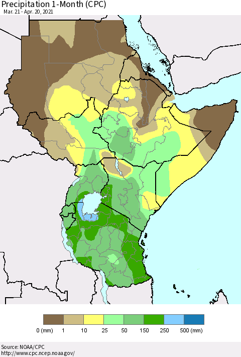 Eastern Africa Precipitation 1-Month (CPC) Thematic Map For 3/21/2021 - 4/20/2021