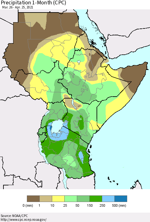 Eastern Africa Precipitation 1-Month (CPC) Thematic Map For 3/26/2021 - 4/25/2021