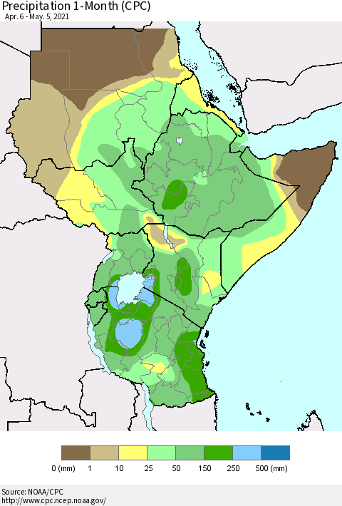 Eastern Africa Precipitation 1-Month (CPC) Thematic Map For 4/6/2021 - 5/5/2021