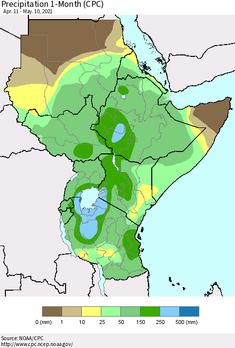 Eastern Africa Precipitation 1-Month (CPC) Thematic Map For 4/11/2021 - 5/10/2021