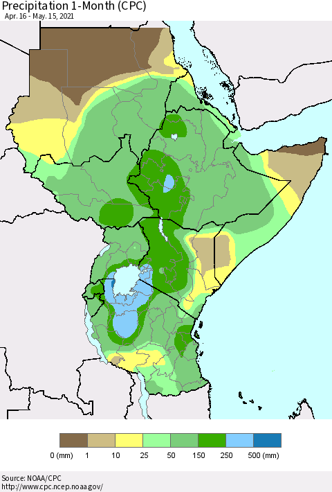 Eastern Africa Precipitation 1-Month (CPC) Thematic Map For 4/16/2021 - 5/15/2021