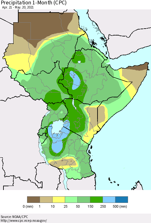 Eastern Africa Precipitation 1-Month (CPC) Thematic Map For 4/21/2021 - 5/20/2021