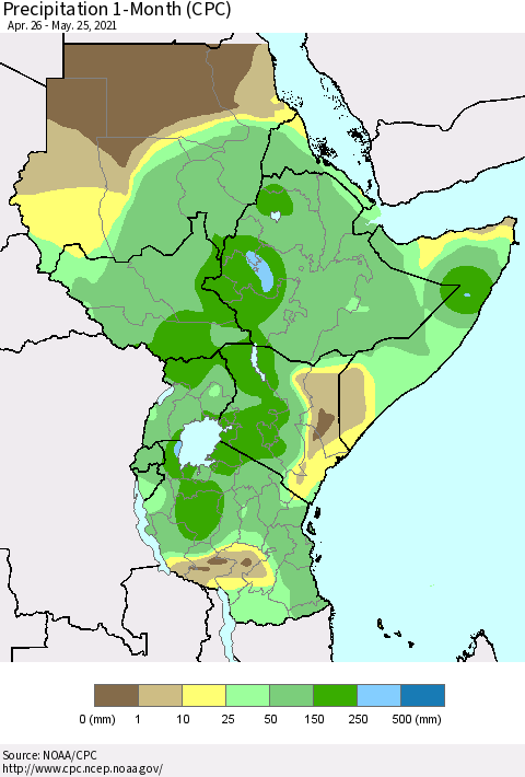 Eastern Africa Precipitation 1-Month (CPC) Thematic Map For 4/26/2021 - 5/25/2021