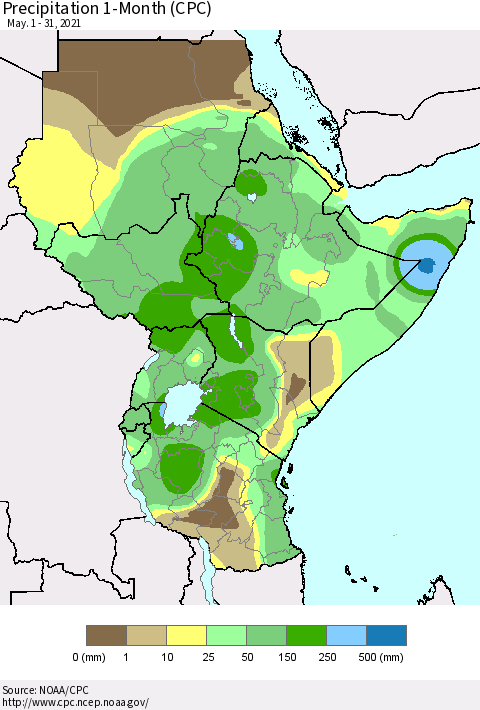 Eastern Africa Precipitation 1-Month (CPC) Thematic Map For 5/1/2021 - 5/31/2021
