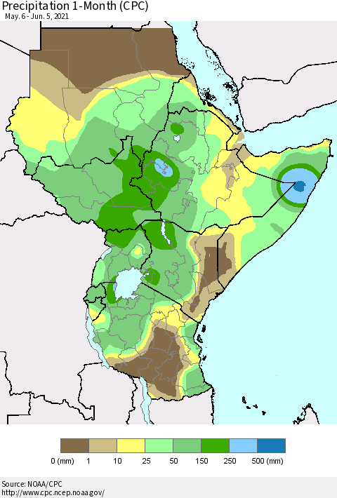 Eastern Africa Precipitation 1-Month (CPC) Thematic Map For 5/6/2021 - 6/5/2021