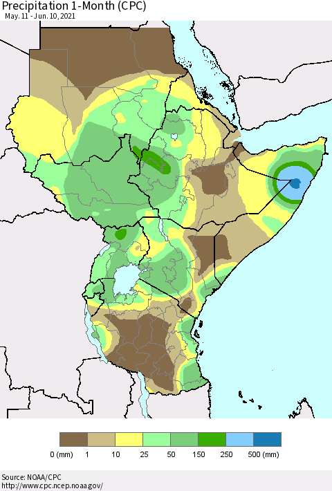 Eastern Africa Precipitation 1-Month (CPC) Thematic Map For 5/11/2021 - 6/10/2021