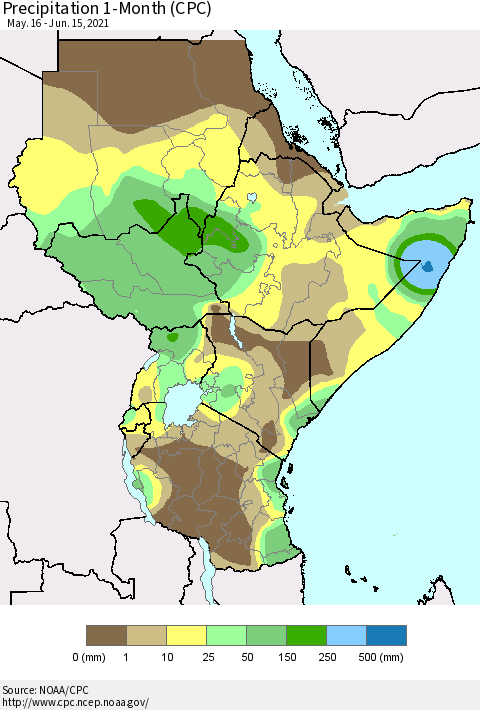 Eastern Africa Precipitation 1-Month (CPC) Thematic Map For 5/16/2021 - 6/15/2021