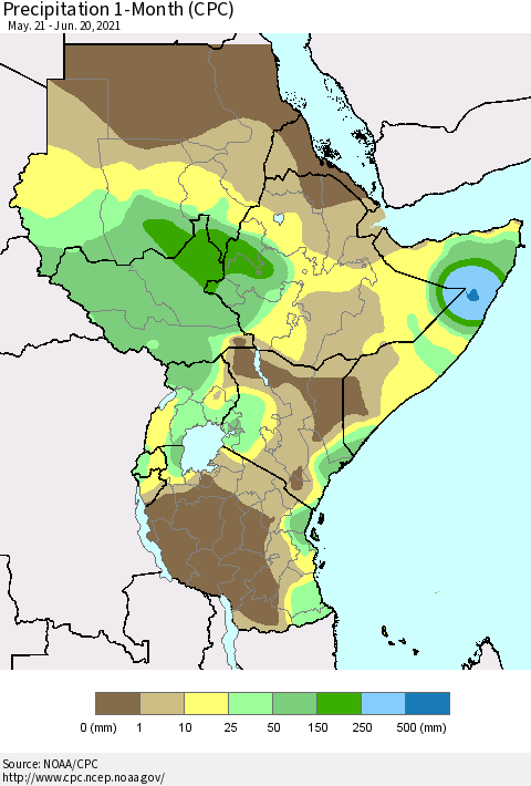 Eastern Africa Precipitation 1-Month (CPC) Thematic Map For 5/21/2021 - 6/20/2021