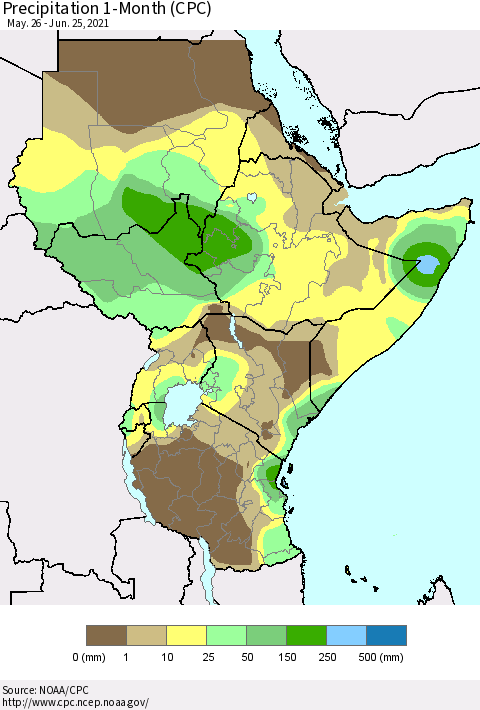 Eastern Africa Precipitation 1-Month (CPC) Thematic Map For 5/26/2021 - 6/25/2021