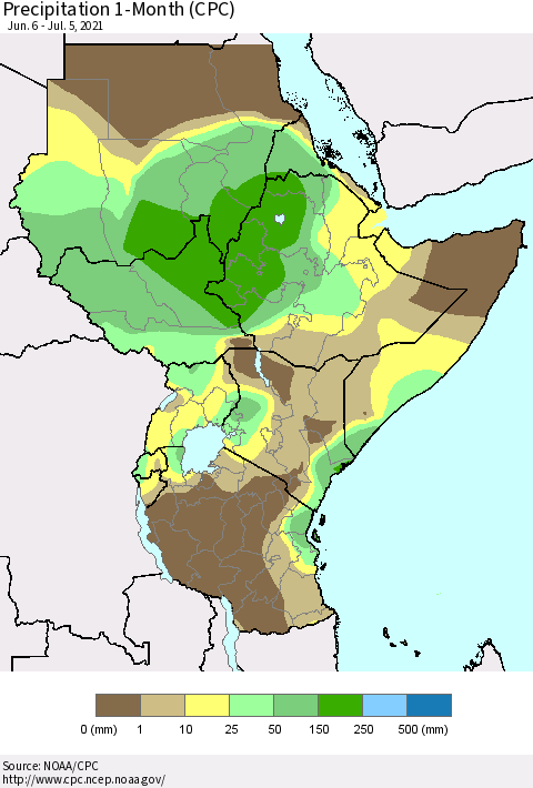 Eastern Africa Precipitation 1-Month (CPC) Thematic Map For 6/6/2021 - 7/5/2021