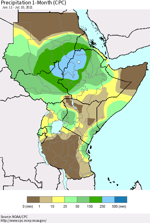Eastern Africa Precipitation 1-Month (CPC) Thematic Map For 6/11/2021 - 7/10/2021