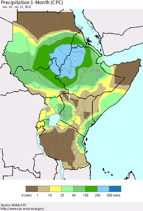 Eastern Africa Precipitation 1-Month (CPC) Thematic Map For 6/16/2021 - 7/15/2021