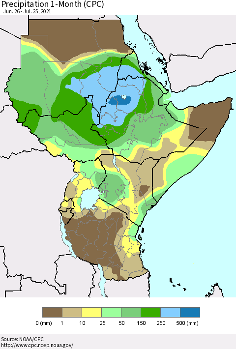 Eastern Africa Precipitation 1-Month (CPC) Thematic Map For 6/26/2021 - 7/25/2021