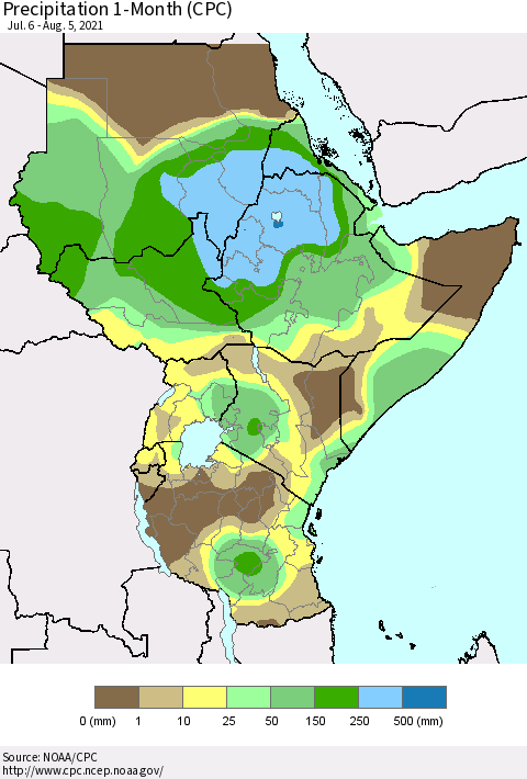Eastern Africa Precipitation 1-Month (CPC) Thematic Map For 7/6/2021 - 8/5/2021