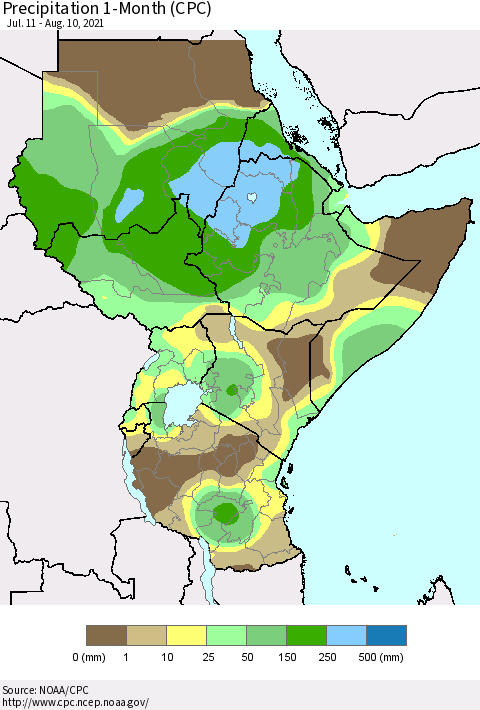 Eastern Africa Precipitation 1-Month (CPC) Thematic Map For 7/11/2021 - 8/10/2021